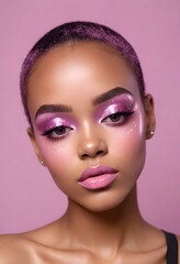 Young adult African American female with glittery pink makeup around her eyes, pink lipstick, and groomed eyebrows, against a plain light purple background.