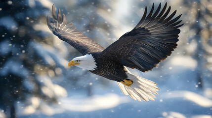 Obraz premium A majestic eagle soars through a snowy landscape, showcasing its powerful wings and stunning feathers in a breathtaking winter scene.
