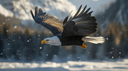 Obraz premium A majestic eagle soaring through a snowy landscape, showcasing its powerful wings and striking features in a serene natural setting.