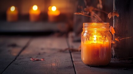 Mason jar Halloween candle holders against an old wood background