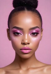 Young adult African American female with glittery pink makeup around her eyes, pink lipstick, and groomed eyebrows, against a plain light purple background.