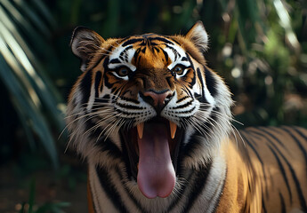 Obraz premium A majestic tiger roaring in the jungle, showcasing its striking colors and fierce presence amidst the lush greenery.