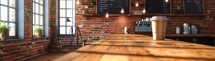 A cozy cafe interior featuring warm wooden surfaces, brick walls, and a coffee cup, perfect for a relaxing atmosphere.