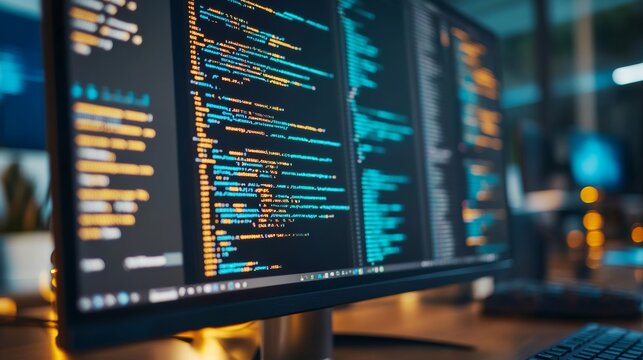 Internet security hacker prevention. Website programming code. Website codes on computer monitor. PC software creation business. Computer science lesson. Data network hardware Concept.