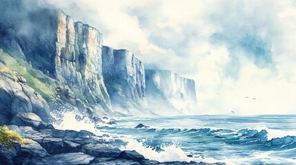 Watercolor painting of a dramatic seascape with rocky cliffs and crashing waves.