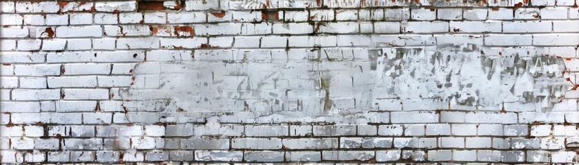 A textured white brick wall with peeling paint and weathered appearance, ideal for backgrounds and artistic designs.