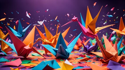 Colorful origami cranes in flight with confetti on a purple background.