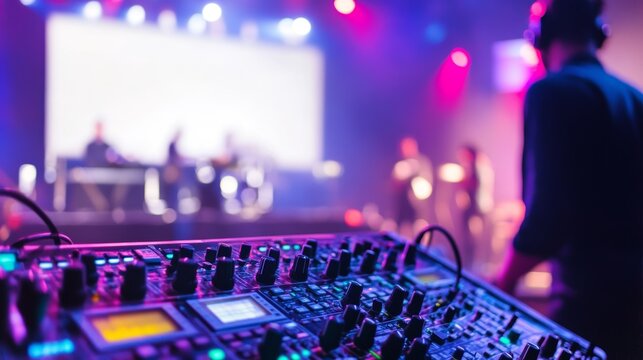 Blur image of sound engineer backstage crew team working to setting and preparing production for show events or music concert stage with blurry white screen in background.