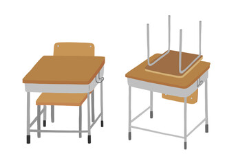 学校の教室の机　手描きイラストセット
