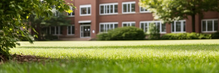 Obraz premium A bright, sunny day on a college campus with a beautifully maintained green lawn, against the backdrop of a red-brick academic building, representing education and growth.
