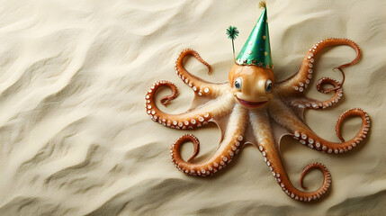 A playful octopus wearing a party hat, perfect for celebrating fun aquatic themes and ocean adventures.