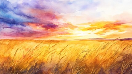 Watercolor painting of a field of grass with a sunset sky.