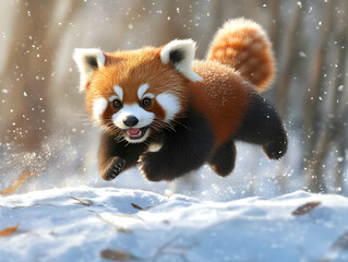 Obraz premium A playful red panda joyfully leaps through snow, showcasing its vibrant fur and playful energy in a winter wonderland.