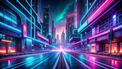 Obraz premium Vibrant neon-lit road under a vivid starry night, with a sci-fi twist