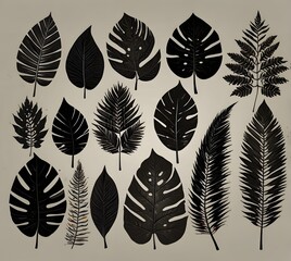 Fototapeta premium Set of hand drawn tropical leaves. Black silhouette of exotic leaves on an isolated background. Vector.