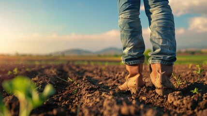 Barefoot person standing in fertile soil with green sprouts, against sunny sky