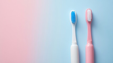 Toothpaste and toothbrush top view with copy space on colored background. Flat lay. Dental hygiene. Oral care products on light background. Body care concept.