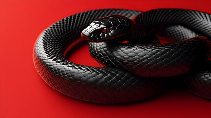 A sleek black snake coiled against a vibrant red background, showcasing its glossy scales and intricate texture for a striking visual.