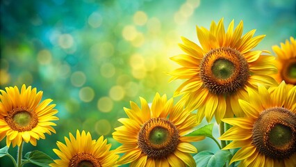 Obraz premium Vibrant sunflowers with blue and yellow centers on green background