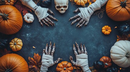 Happy Halloween holiday flat lay composition. Frame made of Halloween decorations pumpkins skull mummy hands wrapped bandages on stone table. Halloween greeting card mockup.