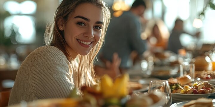 Smiling Woman at a Buffet Table