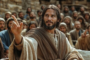 Naklejka premium Jesus Cristo cercado por seus discípulos em uma cena bíblica, representando fé, esperança e união.