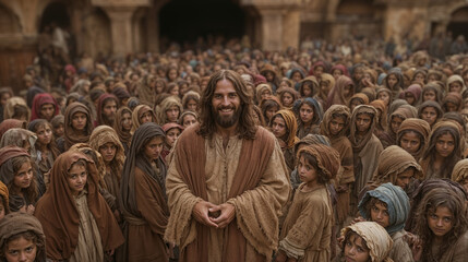 Fototapeta premium Jesus Cristo sorrindo cercado por seus crianças e adultos seguidores