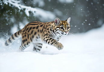 A stunning image of a leopard cat gracefully running through a snowy landscape, showcasing its playful nature and beautiful fur.