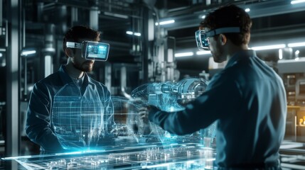Engineers using augmented reality to interact with a holographic 3D model in a futuristic lab. High-tech innovation and virtual design concept.