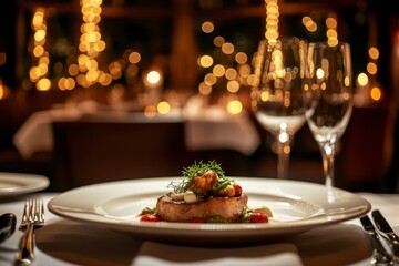 Elegant plated dish in a sophisticated restaurant setting with warm bokeh lighting in the background, highlighting the ambiance and fine dining experience , ai
