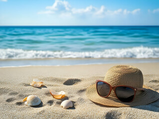 A tranquil beach scene featuring a sun hat and seashells on soft sand, with serene waves lapping at the shore under a clear sky.