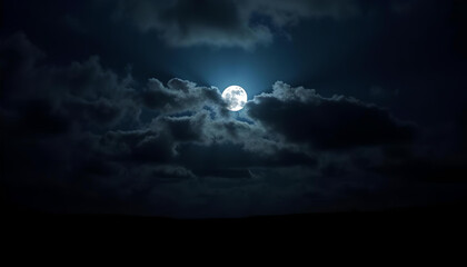 A tranquil moonlit night, where thin clouds veil most of the moon, allowing only delicate rays of light to break through, illuminating the stillness of the darkened landscape