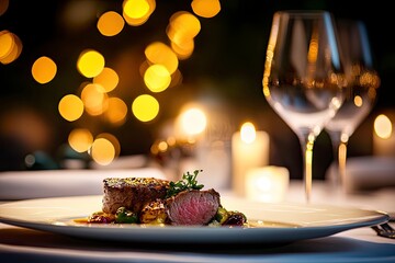 Elegant plated dish in a sophisticated restaurant setting with warm bokeh lighting in the background, highlighting the ambiance and fine dining experience , ai