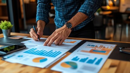 Fototapeta premium Businessman is reviewing monthly sales documents for analysis and marketing plans for more sales growth they are the founders of young companies co-founding startups. Sales management concept.