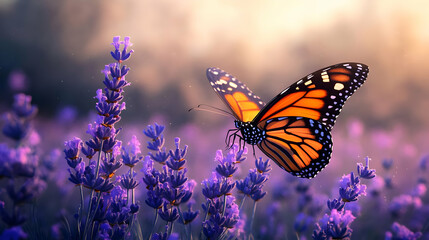 A vibrant butterfly perched on blooming lavender flowers, capturing the beauty of nature in a serene, soft-focus landscape.