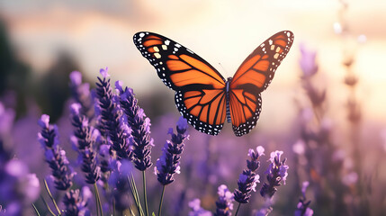 Fototapeta premium A vibrant butterfly perched on blooming lavender flowers, basking in the warm glow of sunlight during a serene spring day.