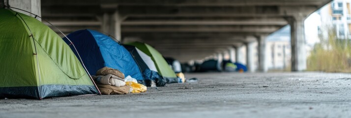 Several tents are set up under an overpass, indicating a makeshift homeless encampment, with personal belongings strewn around, highlighting social issues of housing and poverty.