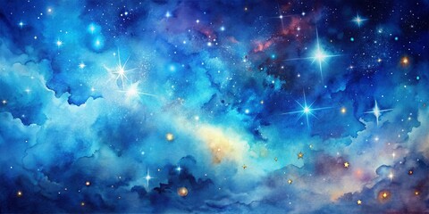 Fototapeta premium A serene watercolor painting featuring a stunning blue space background with stars and nebulae