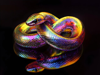 Fototapeta premium A vibrant, iridescent snake coiled gracefully against a dark background, showcasing its stunning colors and reflective scales.
