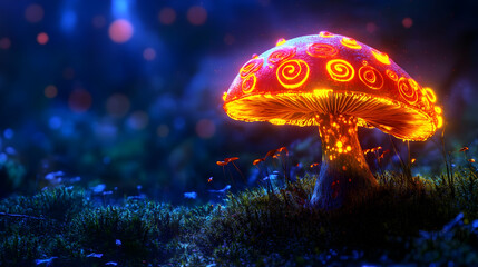 A vibrant glowing mushroom surrounded by enchanting flora, showcasing a magical atmosphere in a mystical forest.