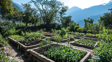 An outdoor herbal medicine garden in the Himalayas, with various medicinal plants labeled and growing in well-tended plots 