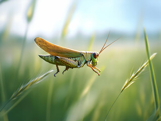 A vibrant grasshopper perched on a blade of grass, showcasing its detailed features in a lush green landscape.