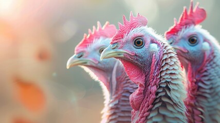 Close-up of three turkeys with detailed red and blue head textures