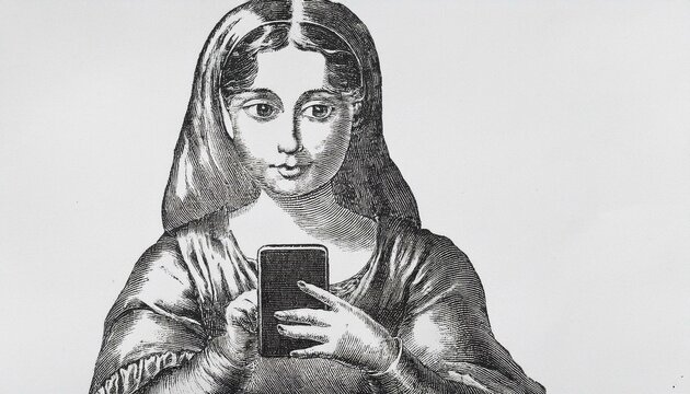 Gravura conceitual de mulher renascentista ou medieval concentrada usando usando dispositivo com smartphone