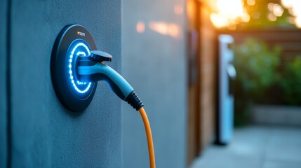 Closeup EV charger plug into electric car for electric recharging from electric charging station display smart digital battery status hologram. Future innovation and green energy sustainability.Peruse