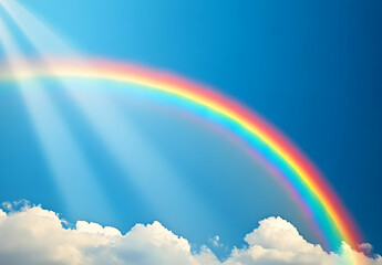 A vibrant rainbow arcs across a clear blue sky, creating a stunning contrast against fluffy clouds and sunlight.