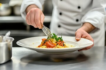 Close up of chef serving a dish in restaurant , ai