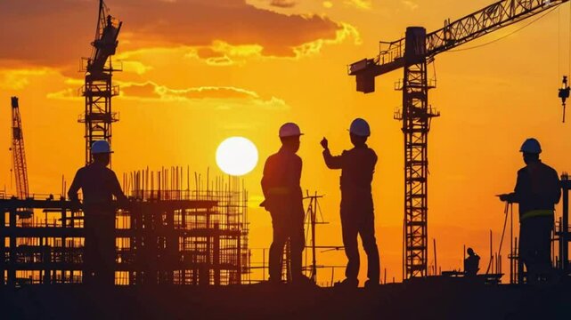silhouette of workers at construction site background 