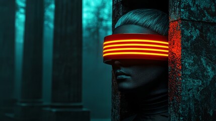 Futuristic figure with neon light visor in mysterious forest setting. Striking contrast of modern technology and ancient surroundings.