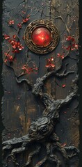 Intricate Wooden Relief Sculpture with Red Tree and Glowing Orb